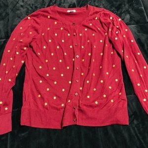 Burgundy cardigan with gold polka dots